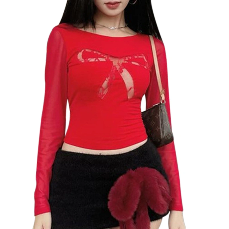 Women's Lace Bow Tops Mesh Long Sleeve Round Neck Slim Fit T-Shirts