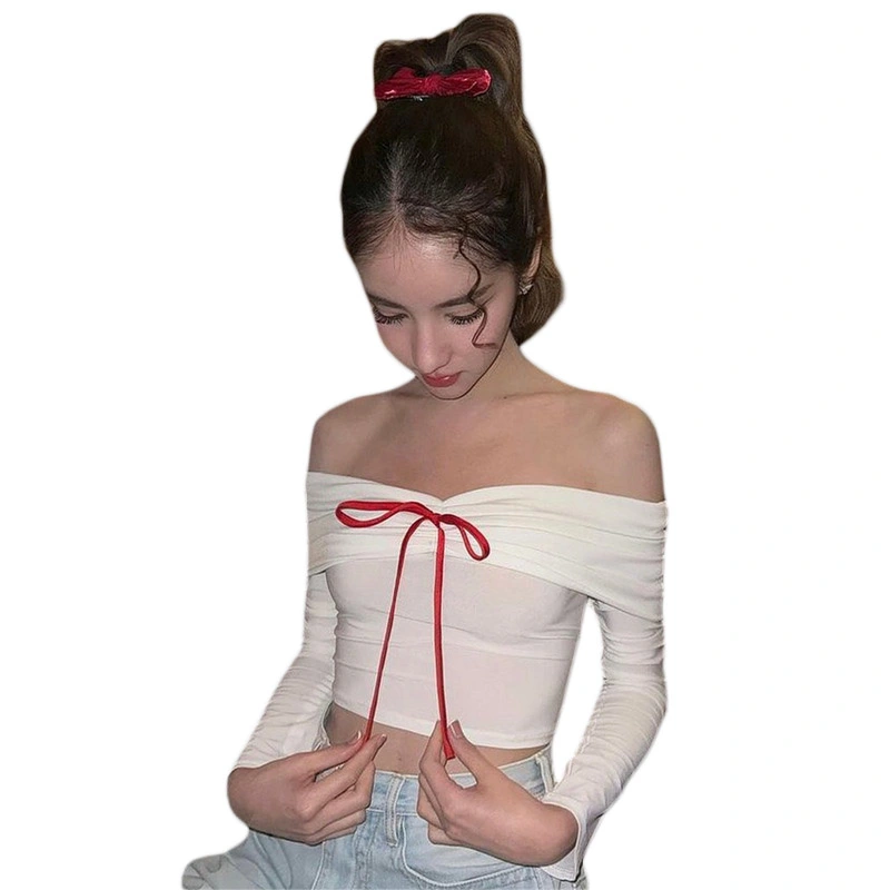 Women Basic Off-Shoulder Tops Casual Bow Ruched Long Sleeve Shirt 