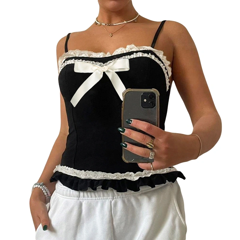 Women Cami Tops Black Sleeveless Lace Trim Bow Decorated Tops