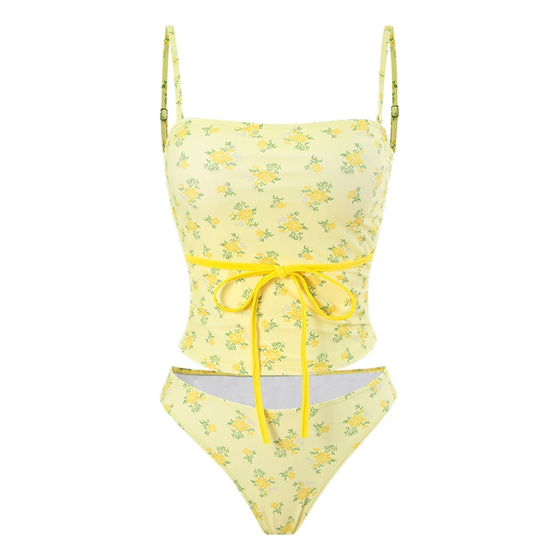 Women's Bikini Set, Floral Print Cami Tops with Low Waist Thong 