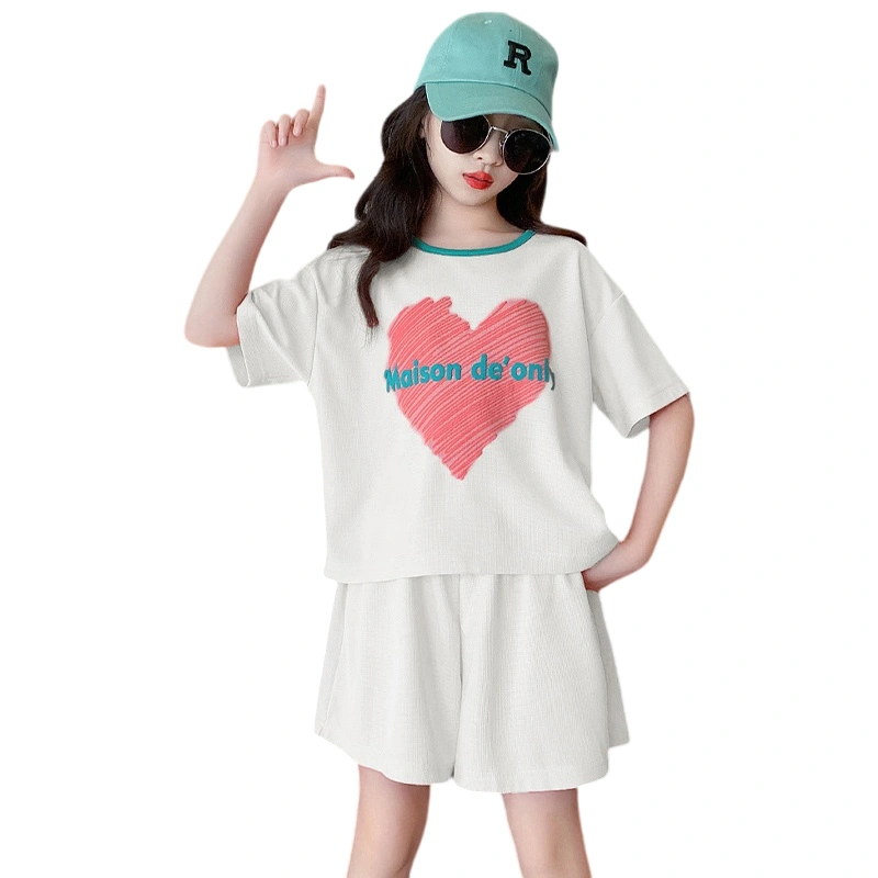 Girls Shorts Sets Short Sleeve Heart Letter Print Tops Wide Leg Shorts