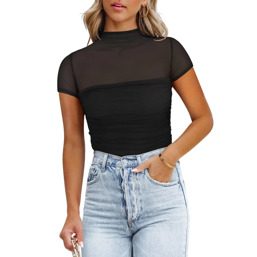 Women Bodysuit, Short Sleeve Turtleneck See-through Patchwork Romper