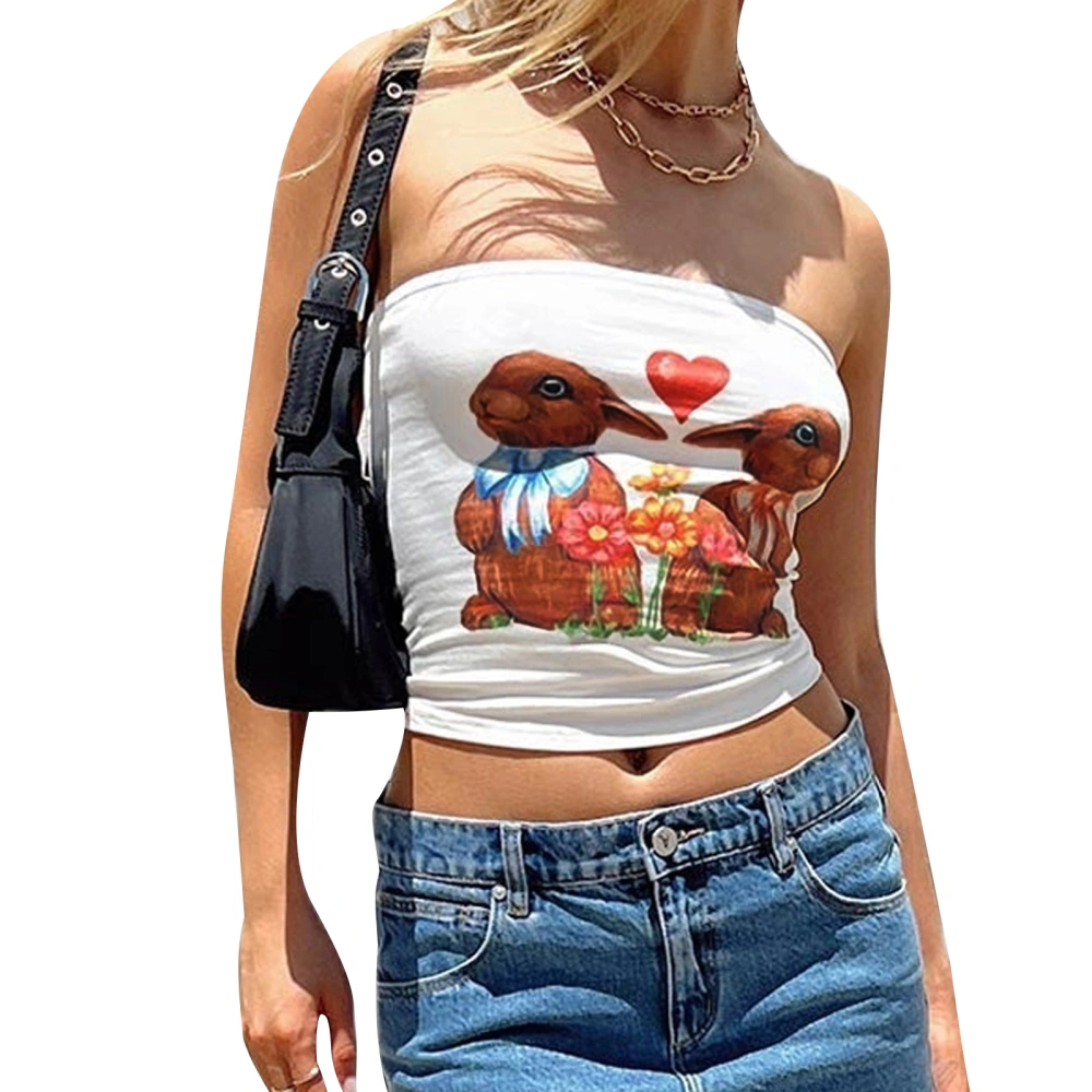 Women Tube Tops White Sleeveless Off Shoulder Floral Rabbit Print Tops