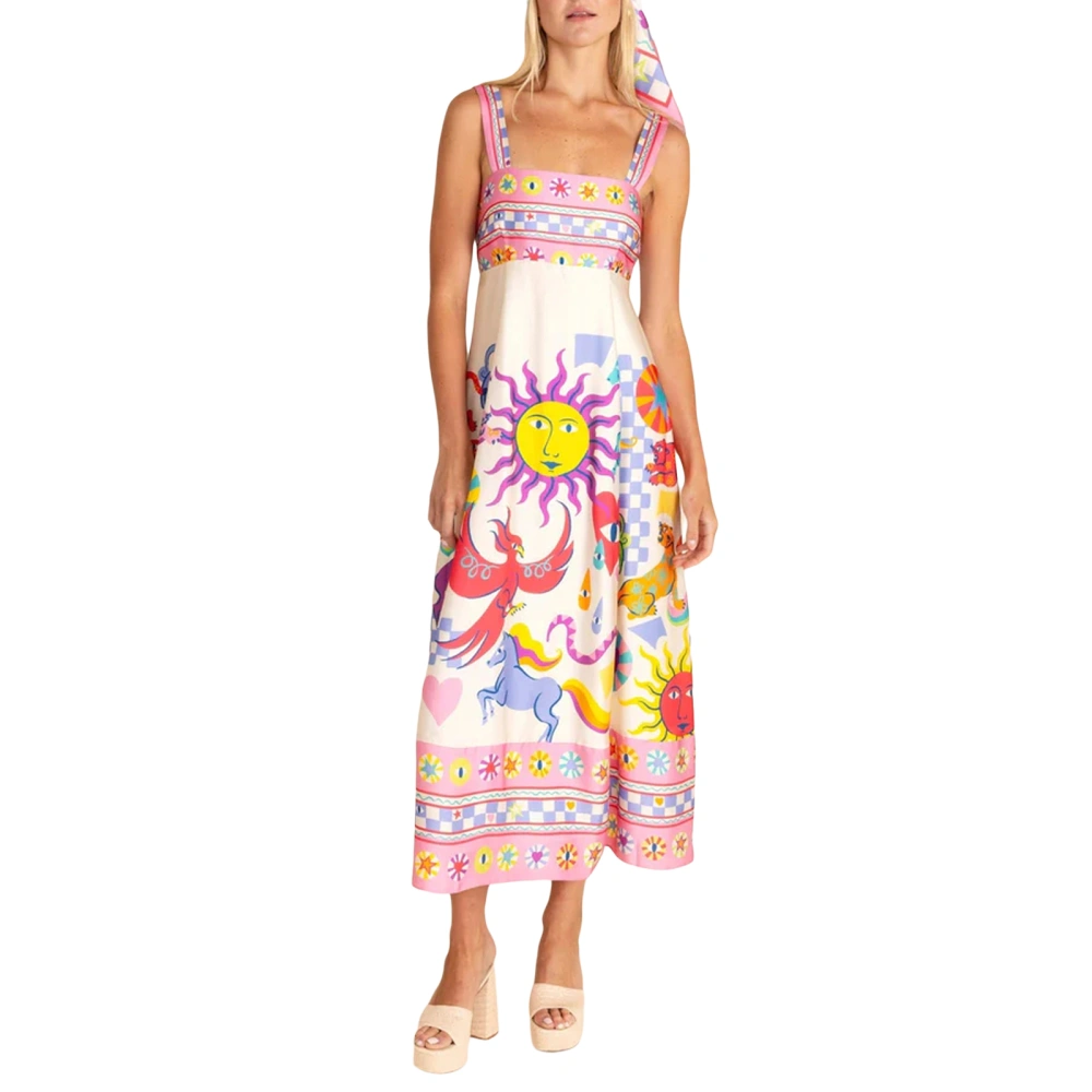 Women’s Long Dress Bohemian Print Sleeveless Square Neck A-line Dress