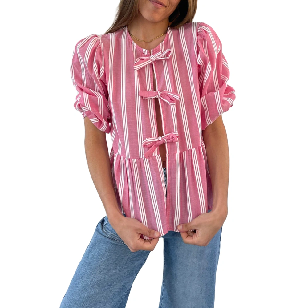 Women's Shirts 3/4 Sleeve O Neck Tie Up Solid Color/Striped Blouse