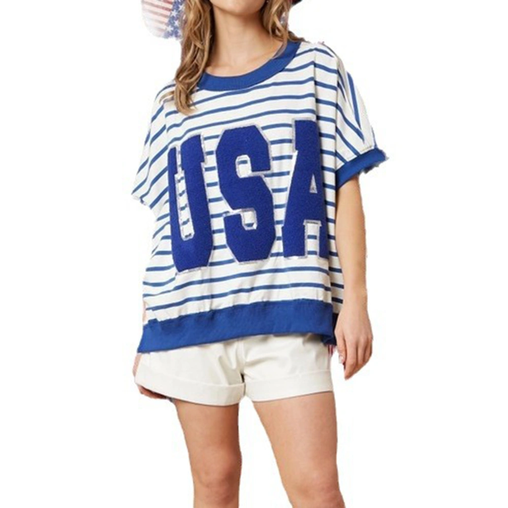 Women's 4th of July Loose Tops Short Sleeve Letter Embroidery T-Shirt