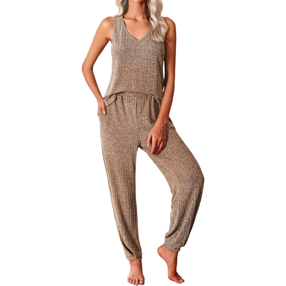 Women's Knit Loungewear Set V-Neck Tank Tops with Elastic Waist Pants