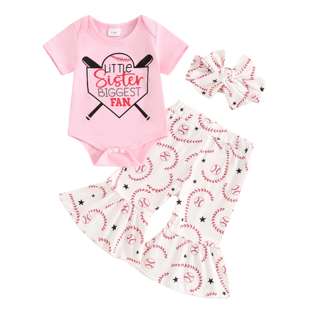 Baby 3PCS Set Short Sleeve Romper Baseball Print Flared Pants Headband