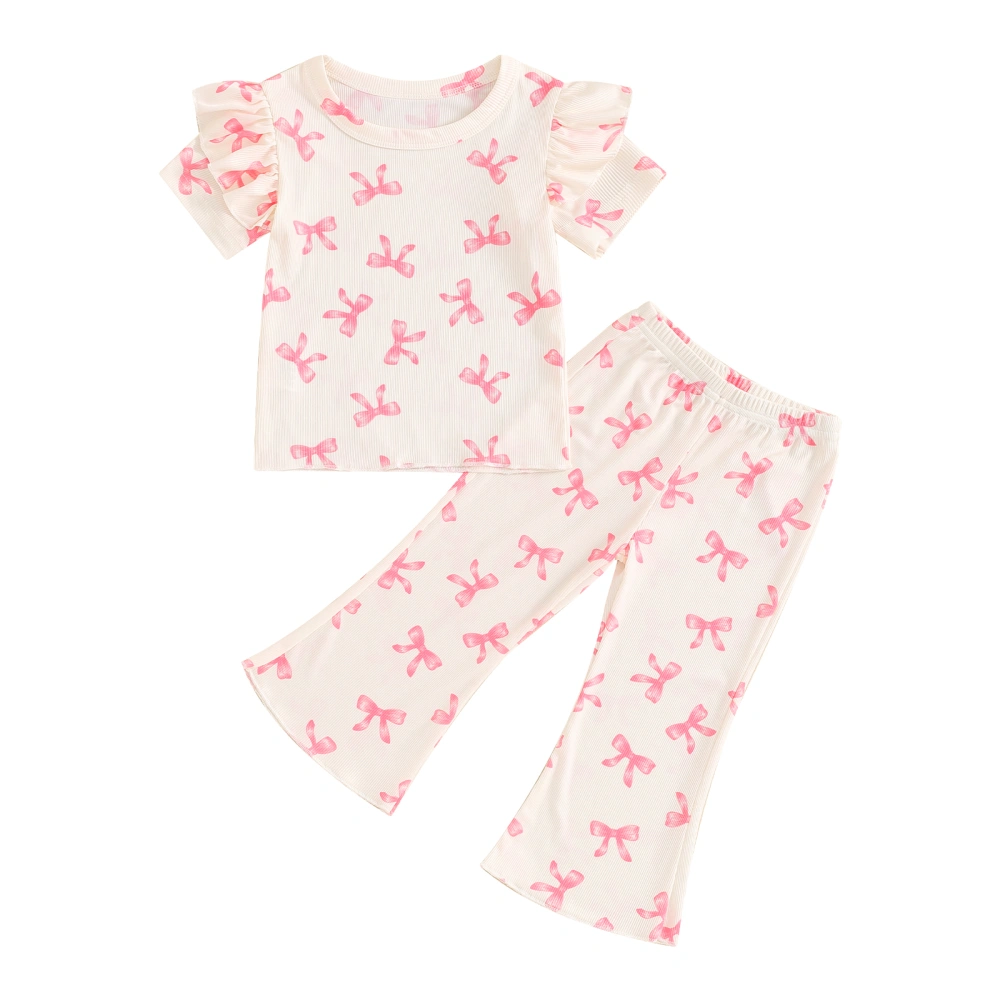 Girls Pants Set, Bow Print Short Sleeve T-shirt with Flare Pants