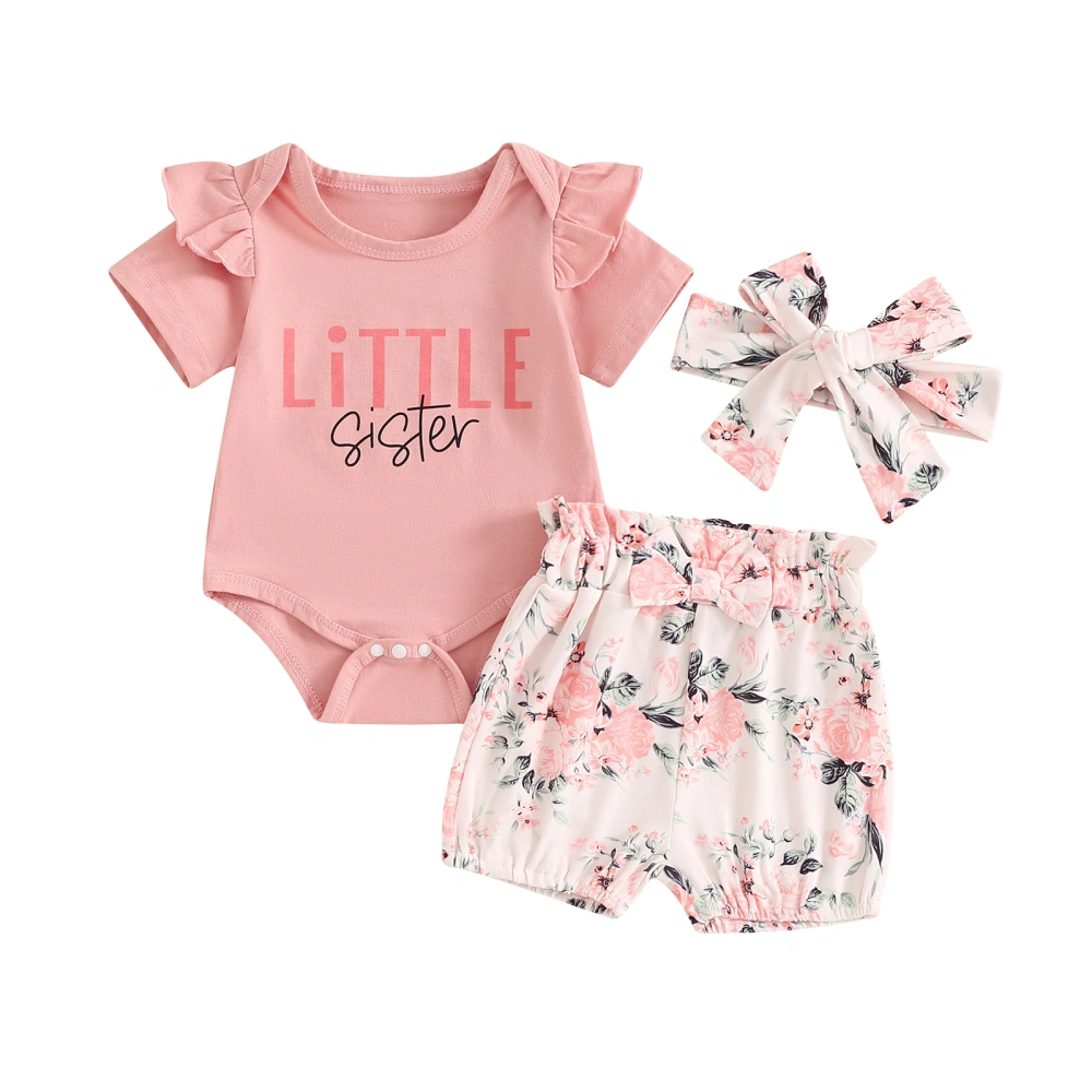 Baby Shorts Sets Pink Letter Print Romper Floral Shorts Headband