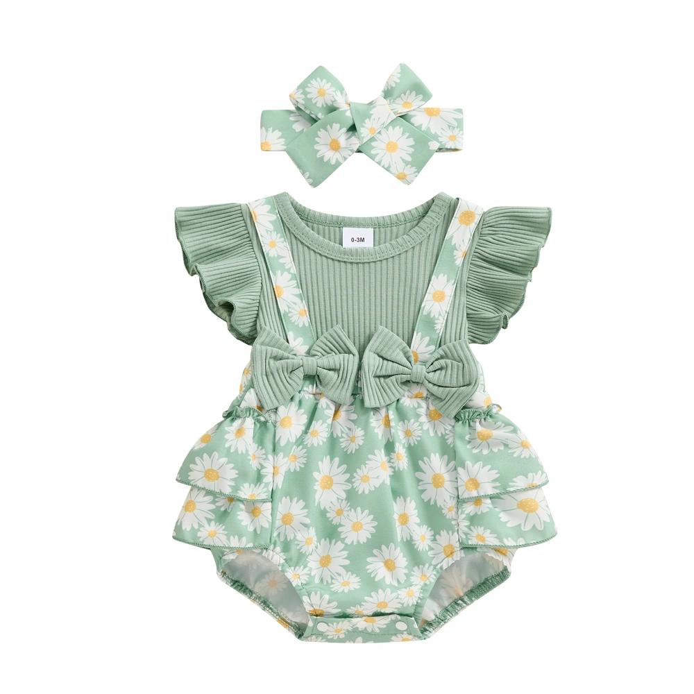 Baby Girl Outfit Fly Sleeve Flower Print Bow Patchwork Romper Hairband