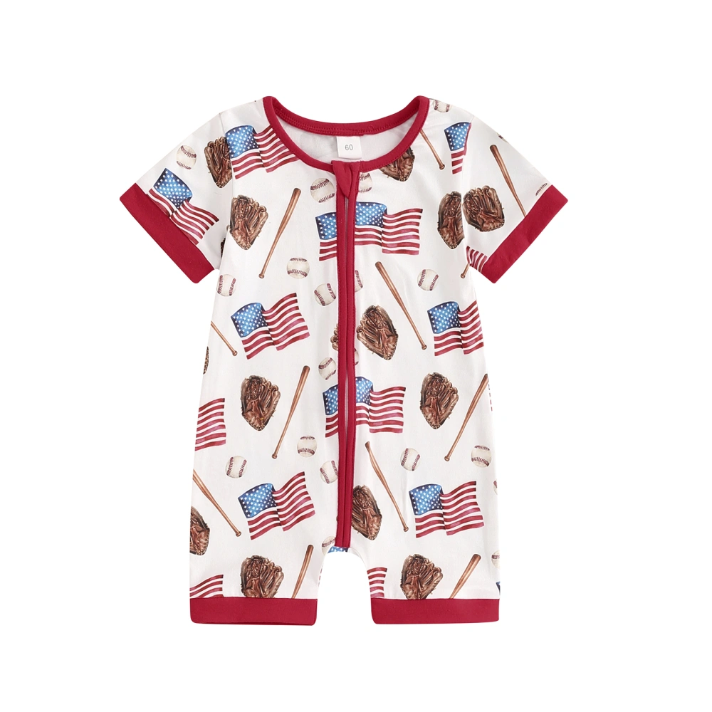 4th of July Baby Rompers Flag Baseball Print Round Neck Bodysuits