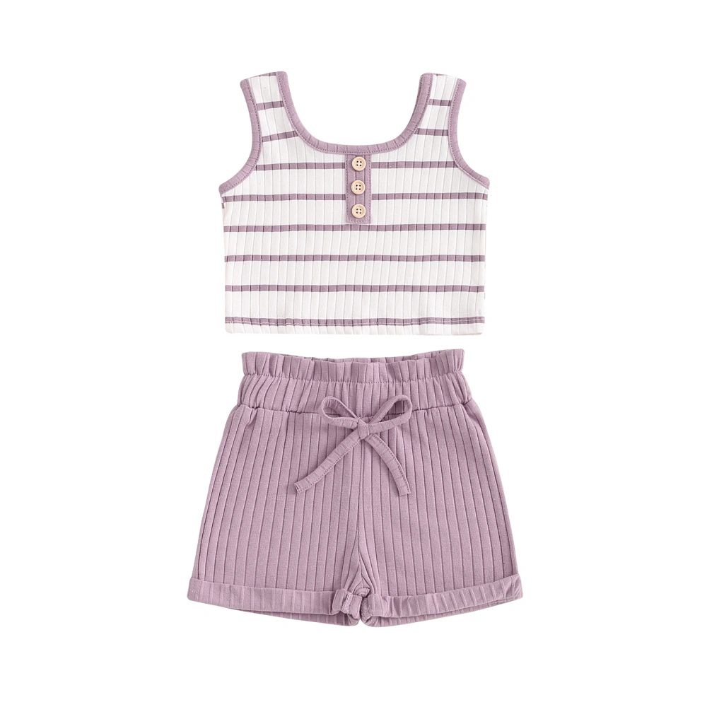 Little Girl Summer Ribbed Set, Striped Round Neck Tank Tops Shorts 