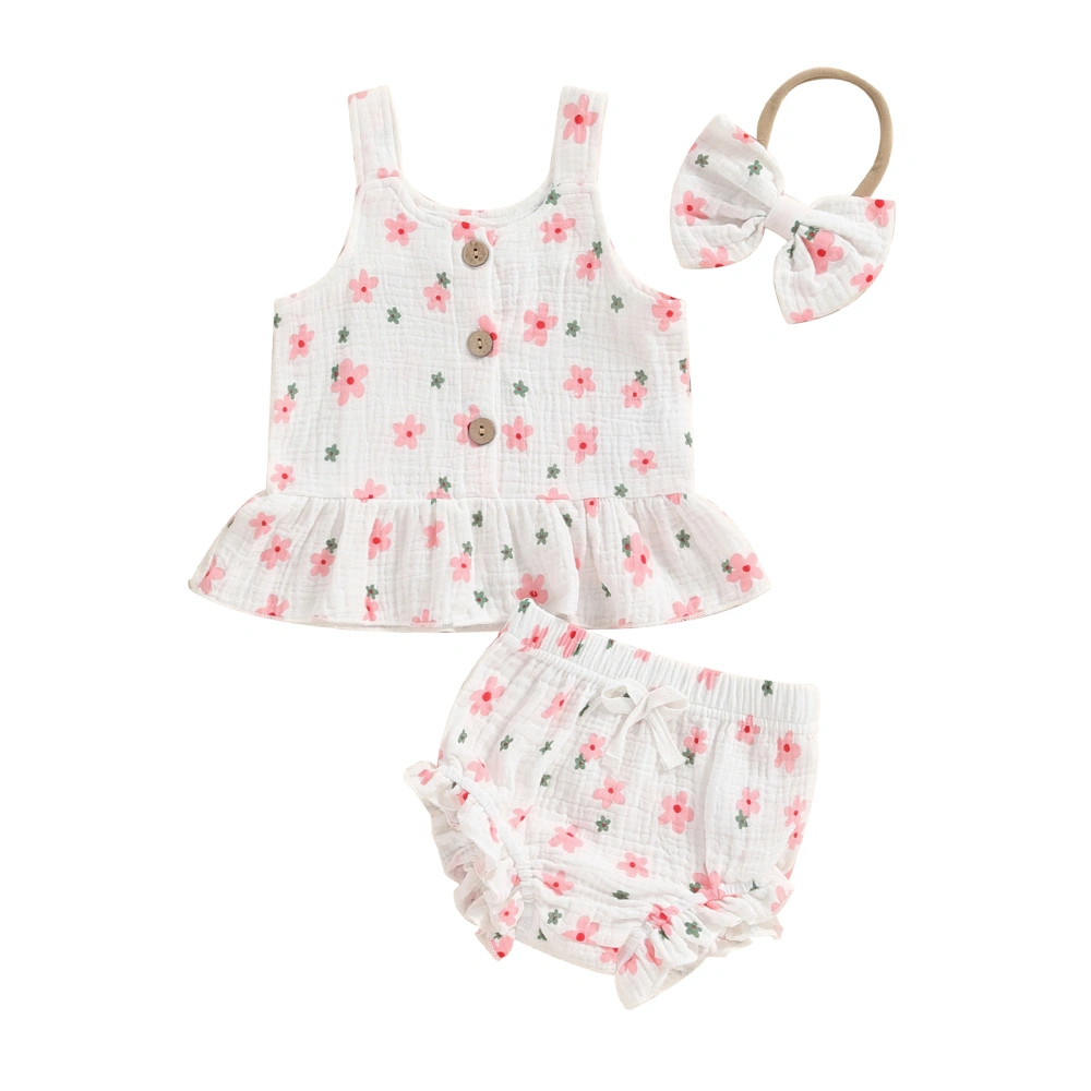 Baby Girl Set, Floral Sleeveless Ruffled Tops Shorts Bow Headband 