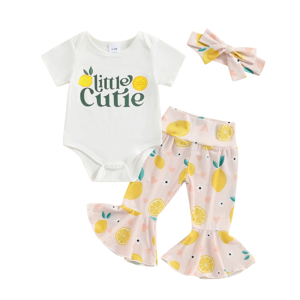 Baby Girl Set, Letter Print Short Sleeve Romper Flare Pants Headband 