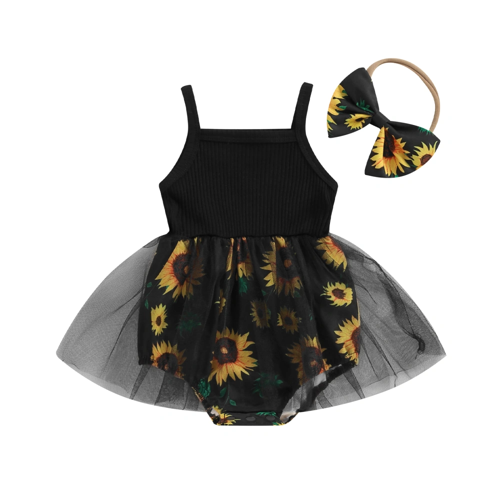 Baby Girls Rompers Dress Sunflower Print Bodysuits with Headband