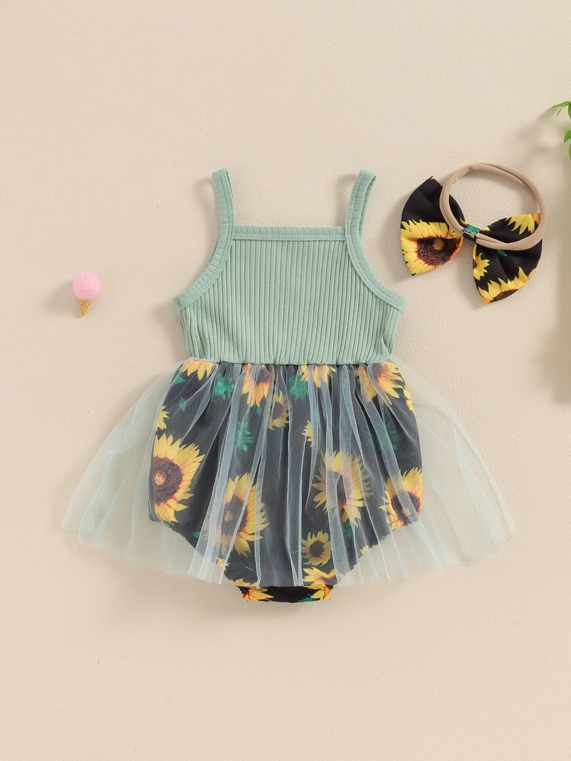 Baby Girls Rompers Dress Sunflower Print Bodysuits with Headband