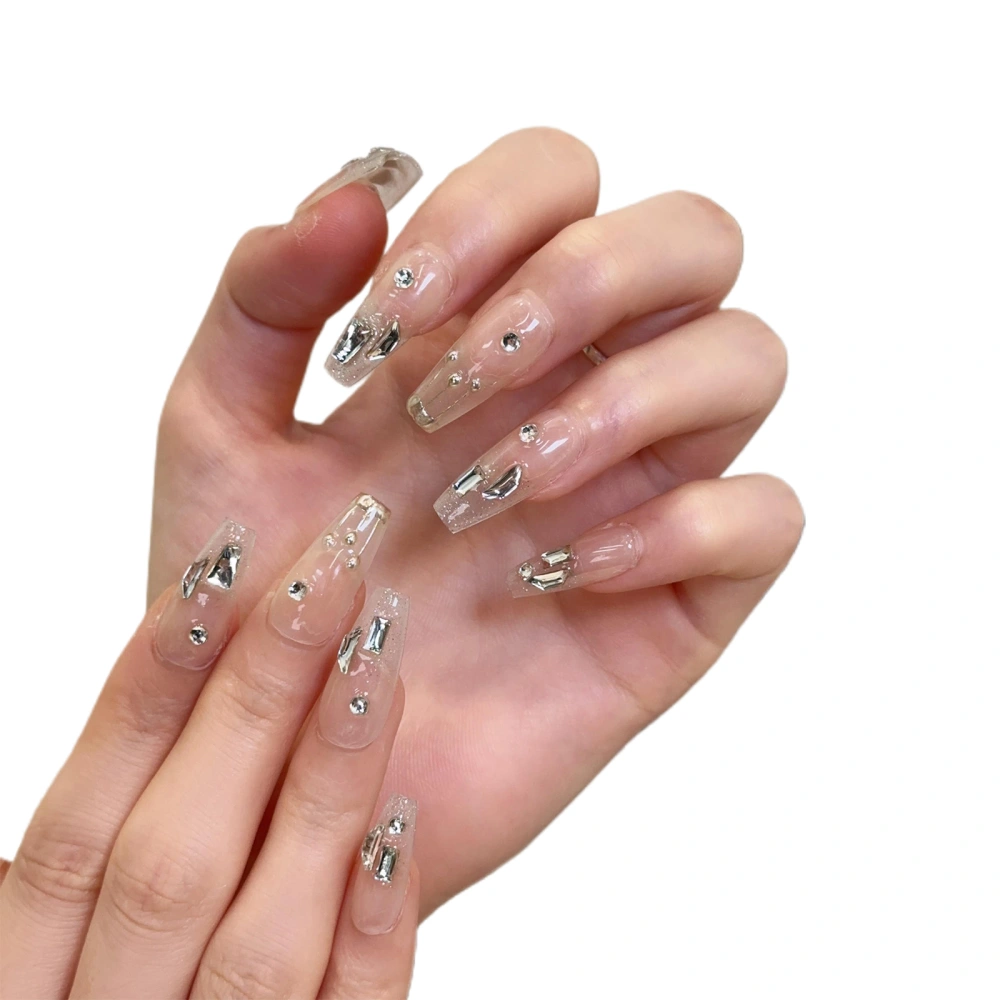 Press on Nails Gradient Coffin Fake Nails with Silver Crystal Designs