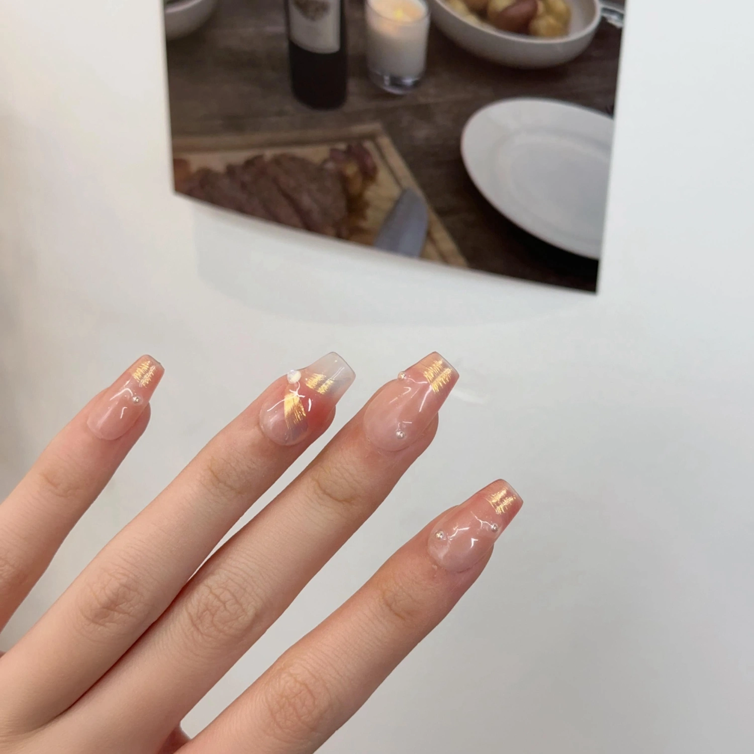 Fake Nails, Elegant DIY Reflective Glue on False Nail Tips Manicure