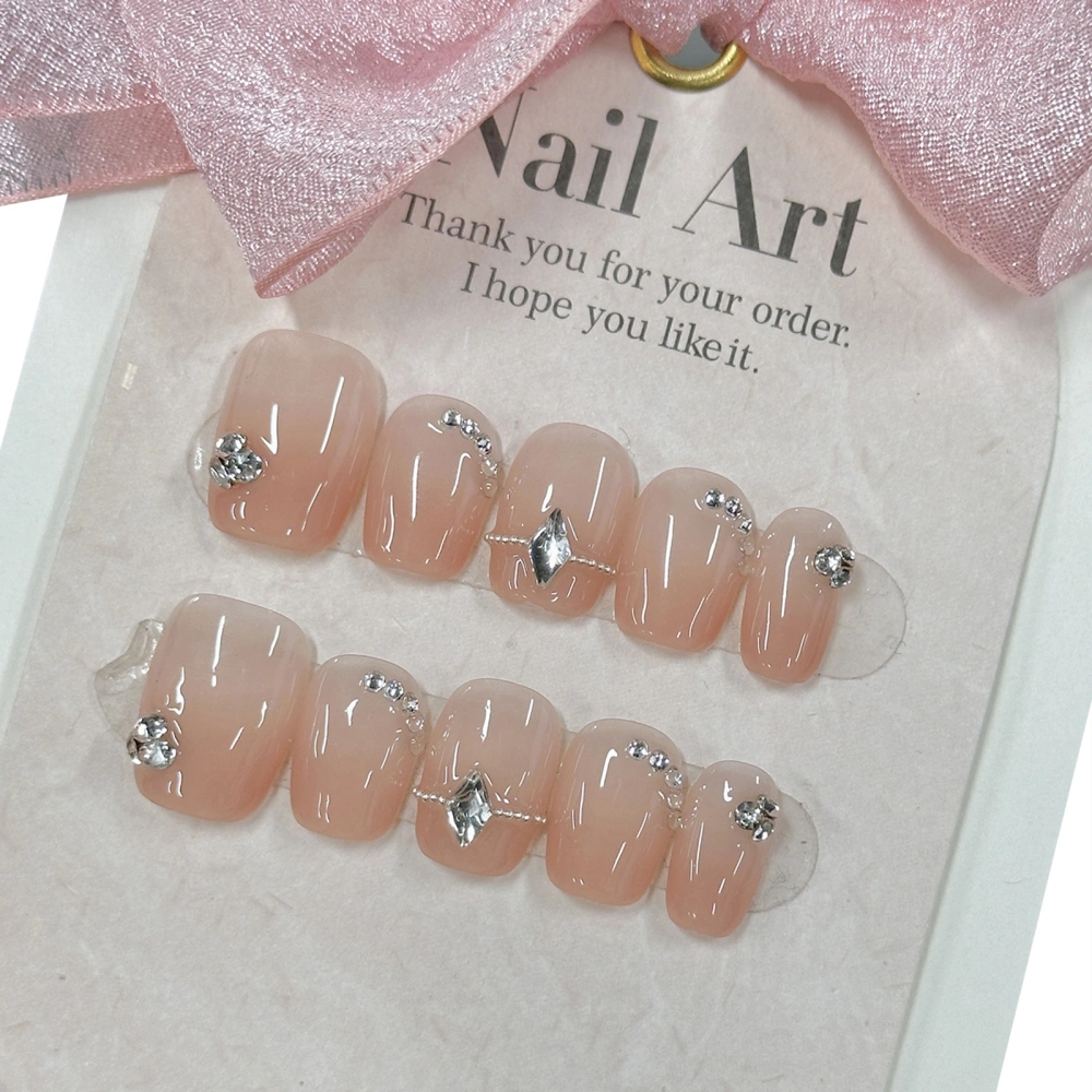 Pink Press on Nails Fancy Coffin Fake Nails with Rhinestone Designs