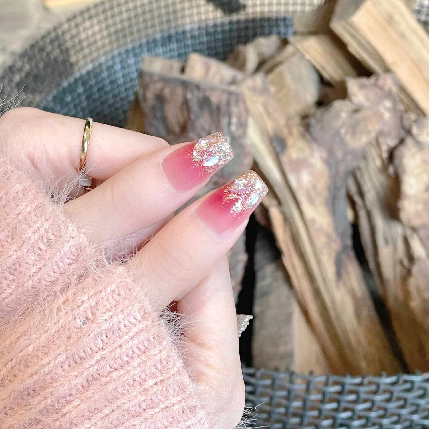 Gradient Color Press on Nail with Rhinestones Full Cover Stick on Nail