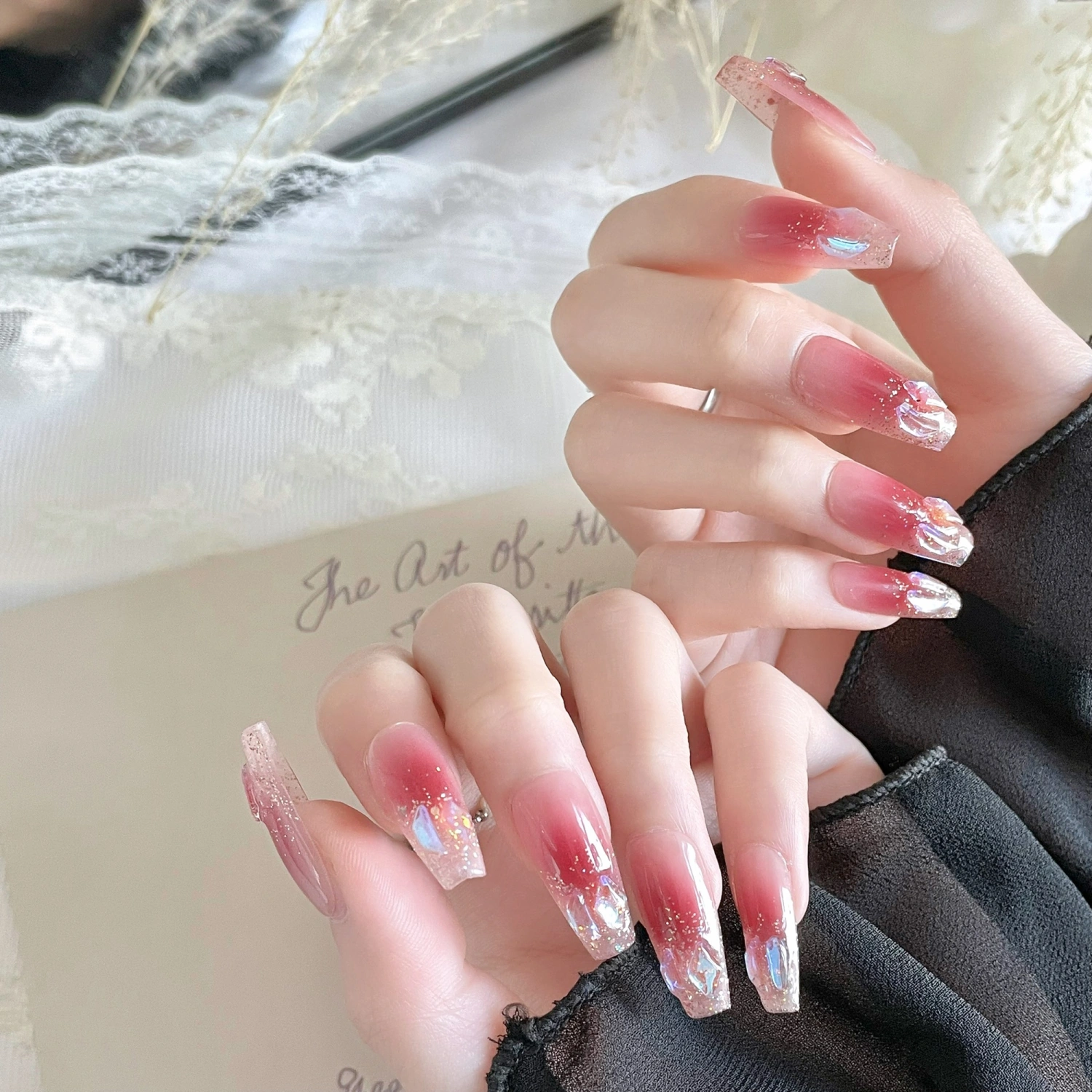 Gradient Color Press on Nail with Rhinestones Full Cover Stick on Nail