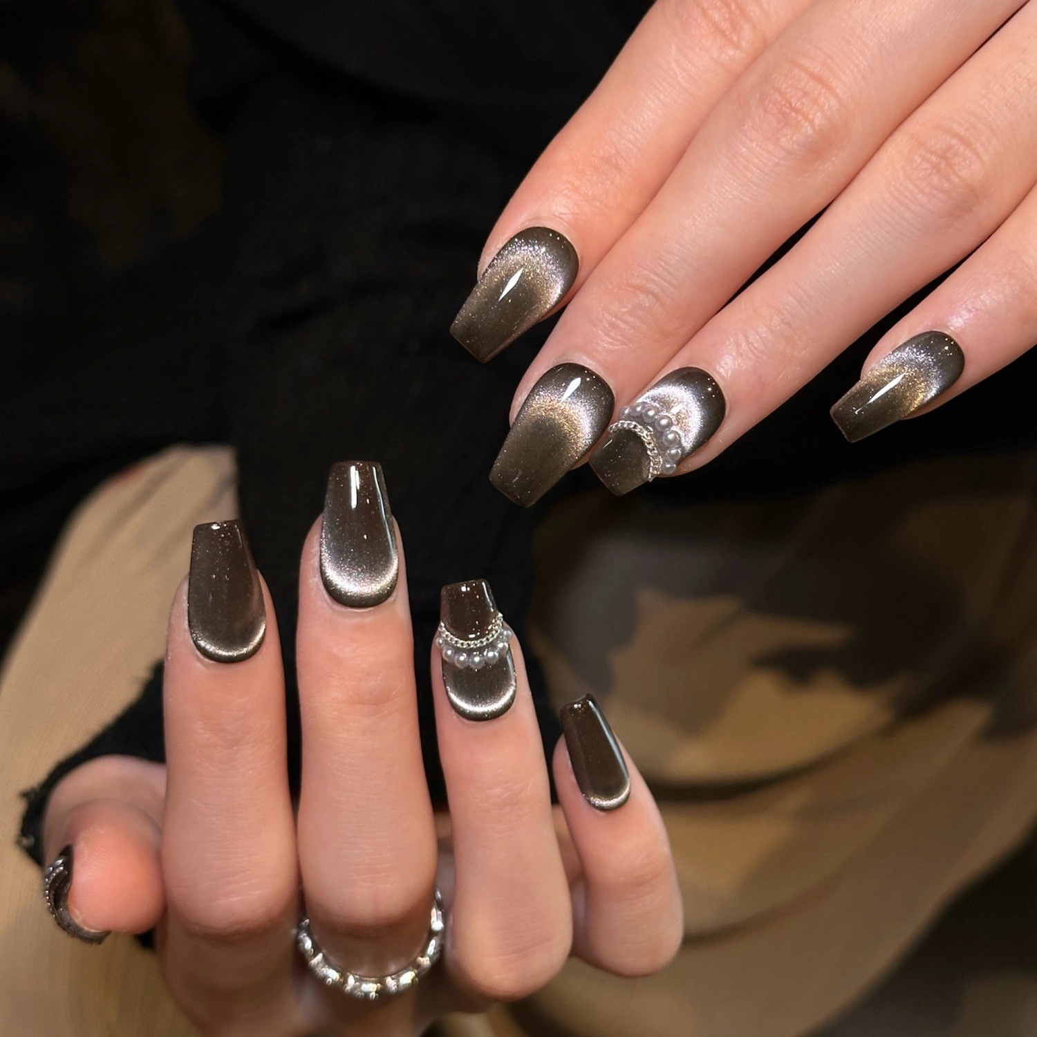 Fake Nails, DIY Black Rhinestones Glue on False Nail Tips Manicure