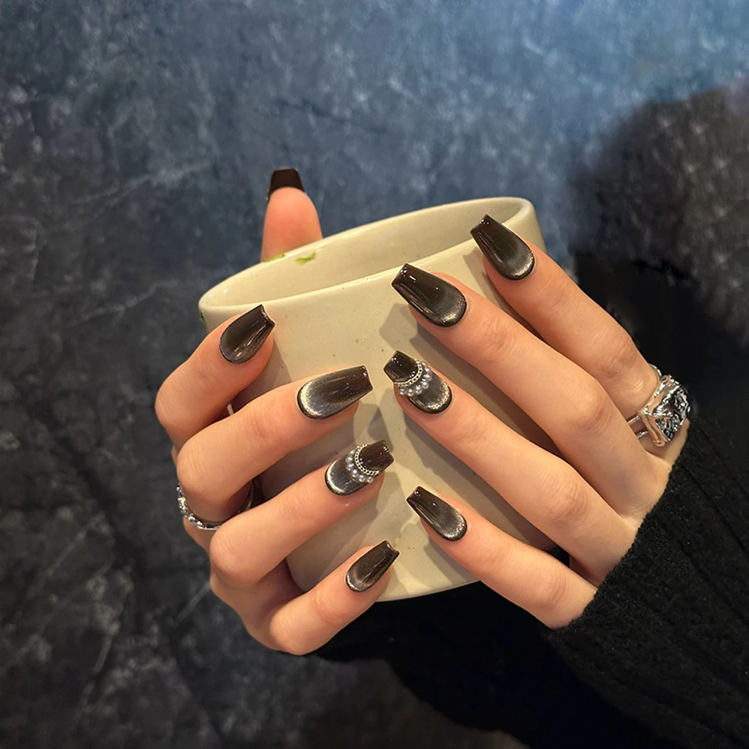 Fake Nails, DIY Black Rhinestones Glue on False Nail Tips Manicure