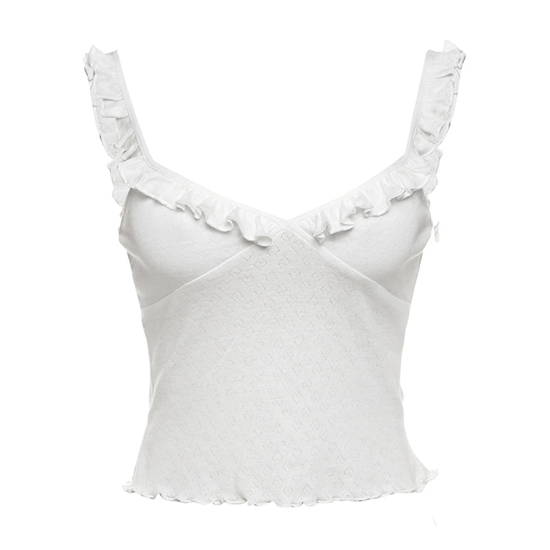 Women's Sweet Slim Camisole Solid Frill Ruffled Eyelet Cropped Tops 