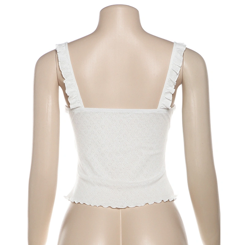 Women's Sweet Slim Camisole Solid Frill Ruffled Eyelet Cropped Tops 