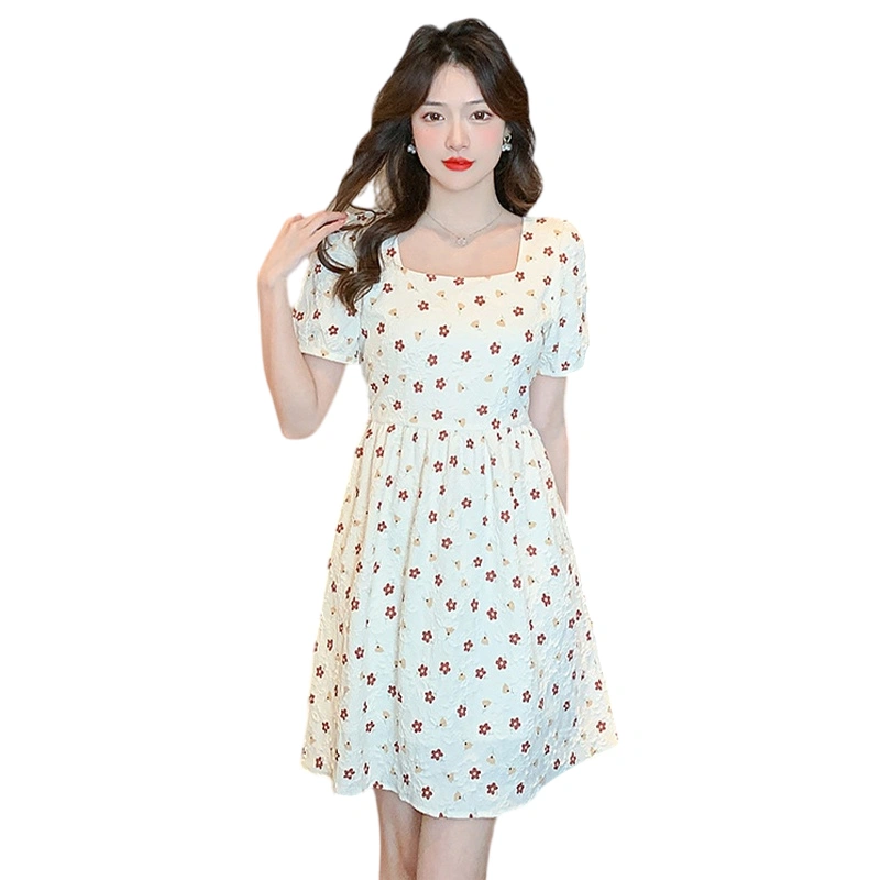 Women Mini Dress Short Sleeve Square Neck Flower Print Summer Dress