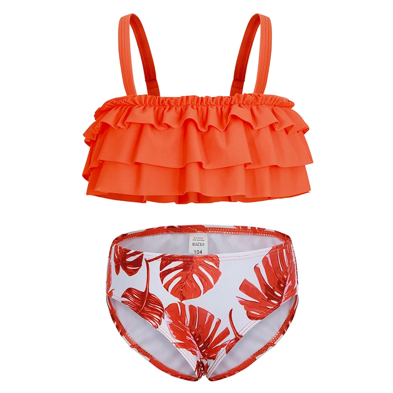 Girls Bikini Set, Sleeveless Ruffled Cami with Leaves Print Briefs