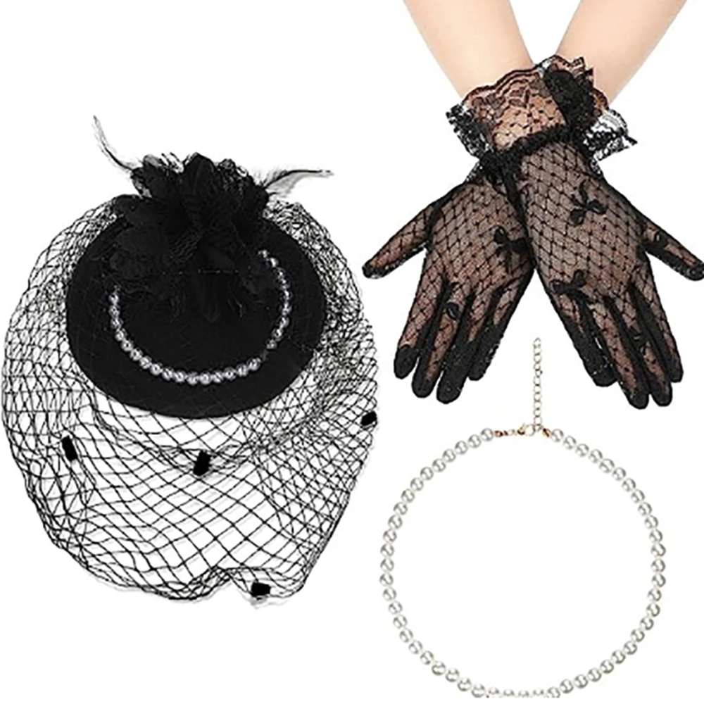 Women Jewelry Set, Vintage Pearl Necklace Lace Gloves Fascinator Hat