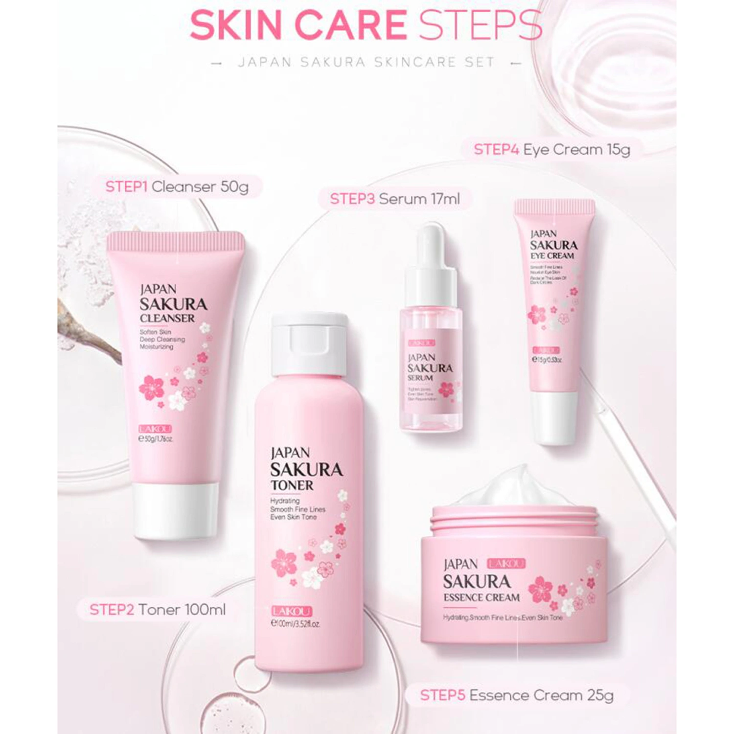 Sakura Skincare Set Face Cleanser Toner Essential Oils Eye Face Cream 