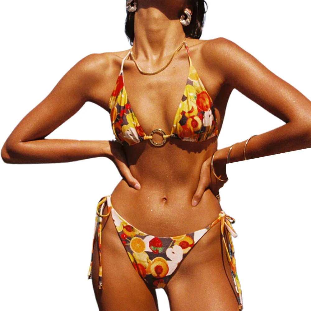 Women 2 Pieces Bikini Swimsuits Fruit Print Bra Thong Bottoms Set