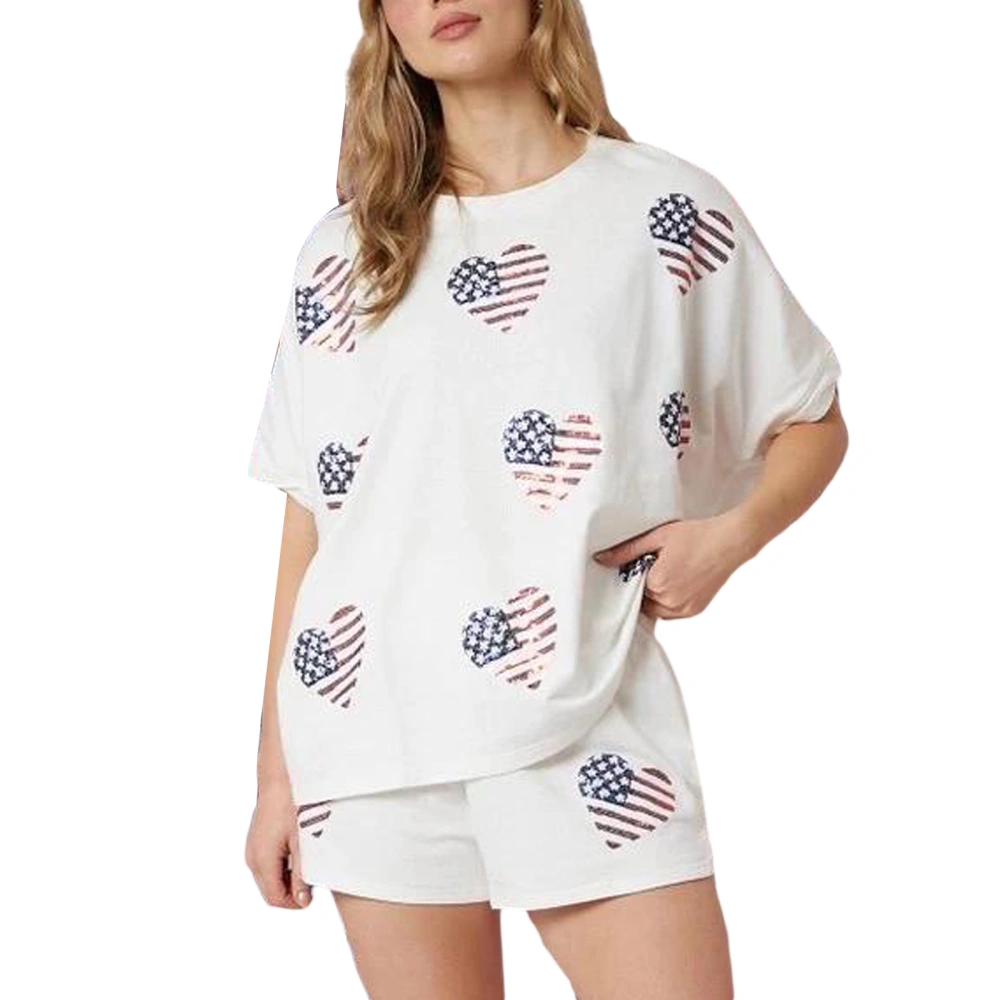 Women’s 4th of July Outfits Short Sleeve Heart Print Tops + Shorts Set