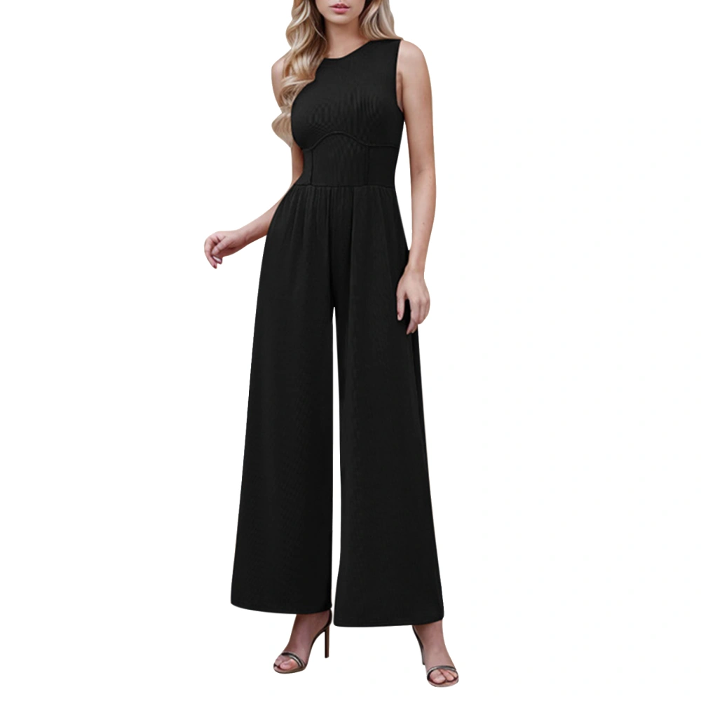 Women Long Jumpsuit Sleeveless Wide Leg Bodysuit with 2 Pockets