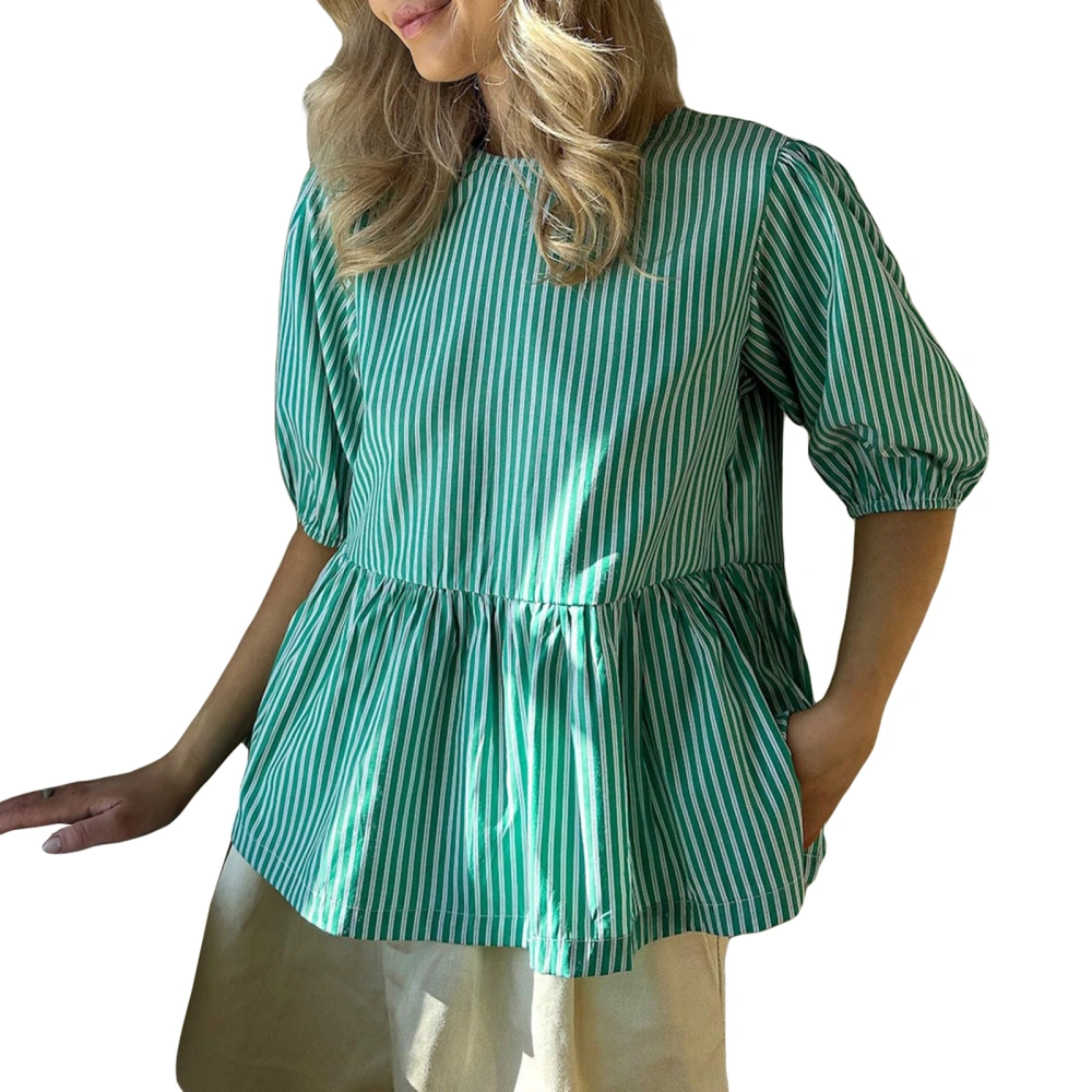 Women's Babydoll Tops Loose Striped Half Sleeve Ruffled Tie-Up Blouse 