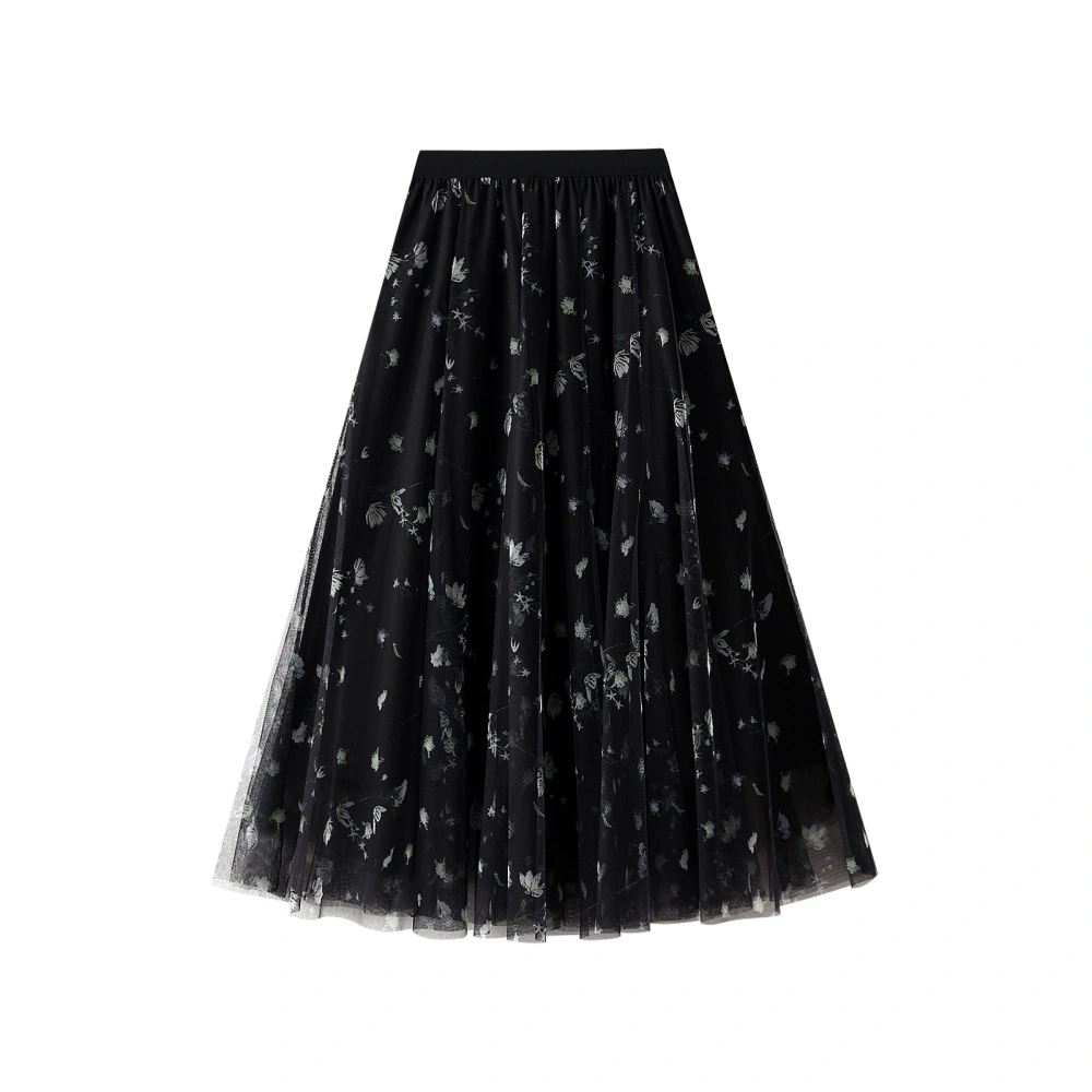 Women's Midi Mesh Skirt Elastic Waist A-Line Pleated Floral Skirt 