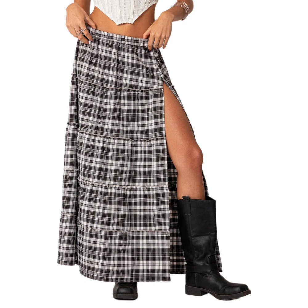 Women's Plaid Long Skirts Vintage Elastic Waist Slit Tiered Skirts