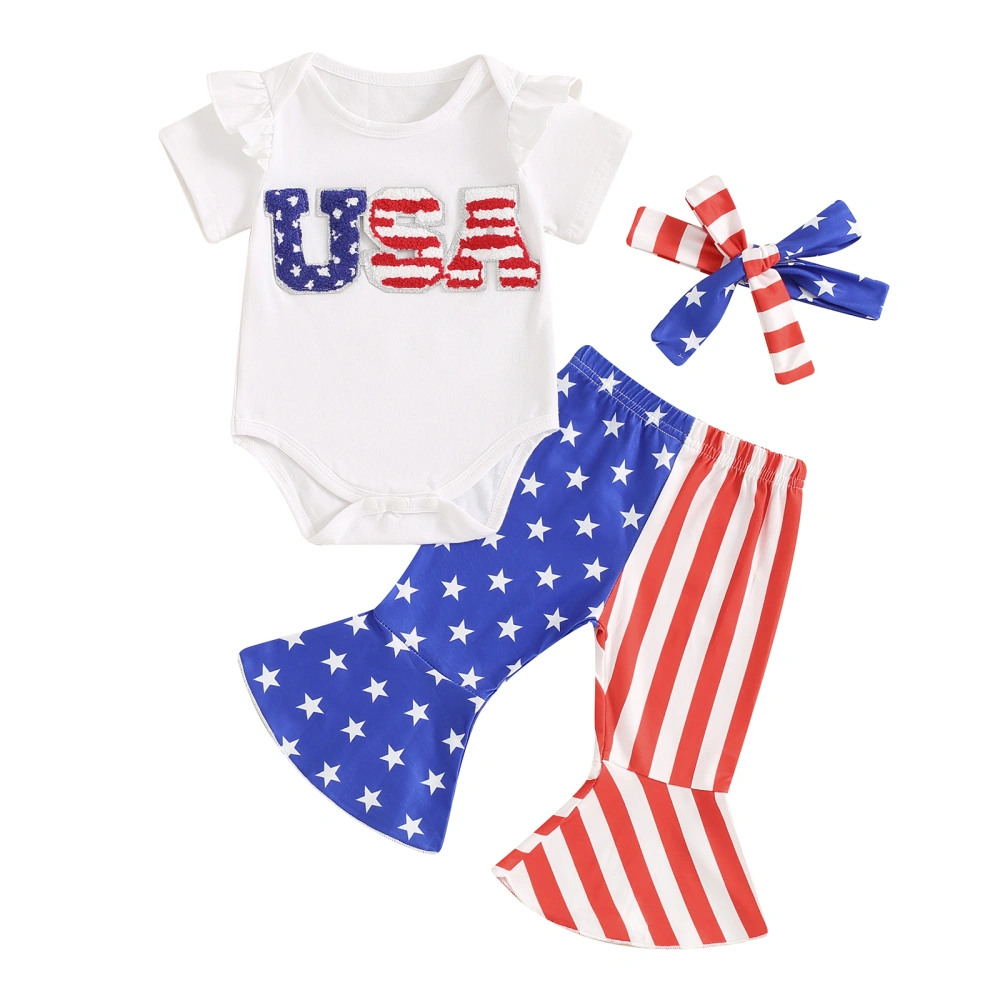 Baby Girl 4th of July Outfit, Letter Embroidery Romper Pants Headband 