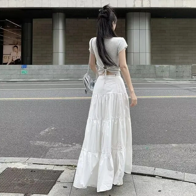 Women Long Skirt Elegant Pleated Solid A-line Skirt Summer Swing Skirt
