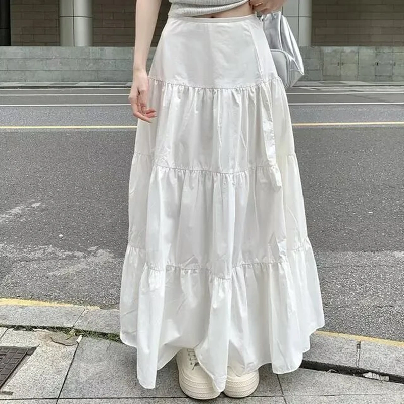 Women Long Skirt Elegant Pleated Solid A-line Skirt Summer Swing Skirt