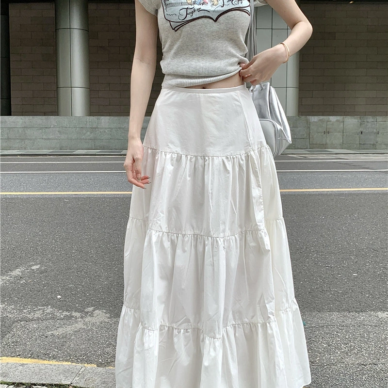 Women Long Skirt Elegant Pleated Solid A-line Skirt Summer Swing Skirt