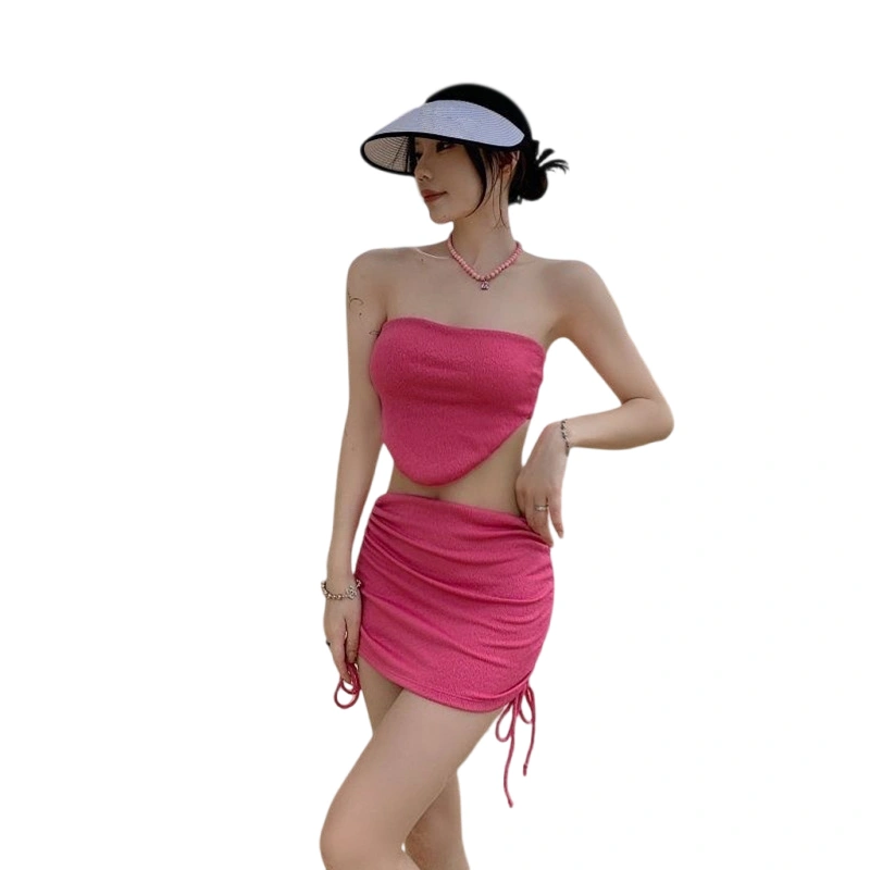 Women Bathing Suit Irregular Tube Tops Thong Drawstring Skirt Swimsuit