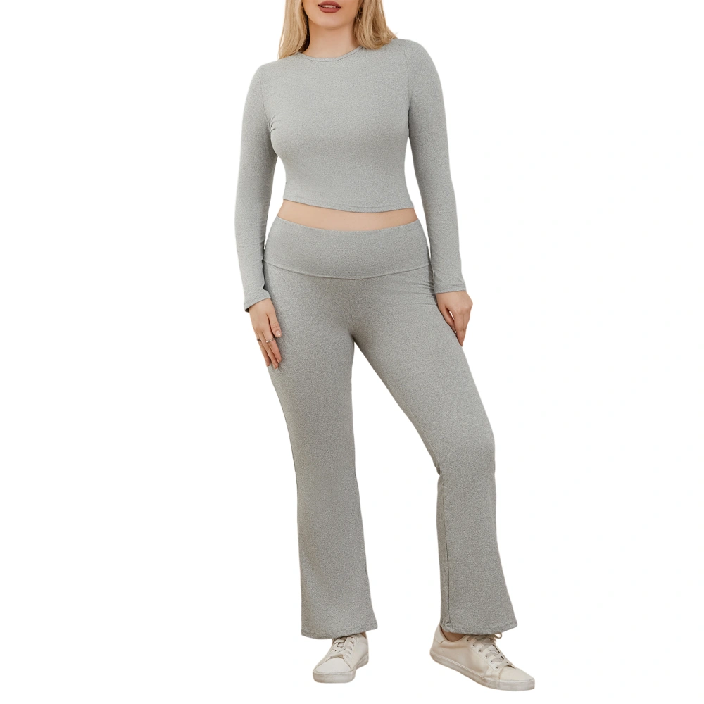 Women's Pants Outfits Solid Long Sleeve Boat Neck Crop Tops Trousers