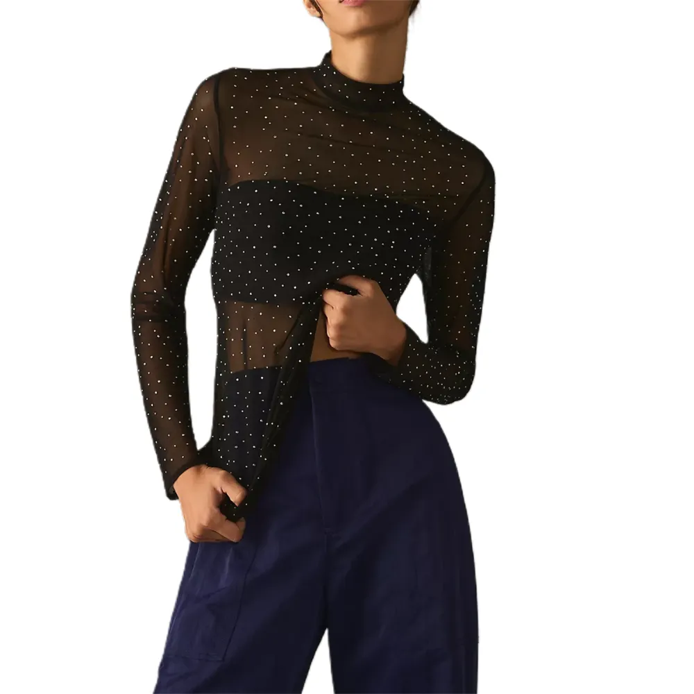 Women Sheer Mesh Tops Shiny Rhinestone Long Sleeve Turtleneck T-Shirts