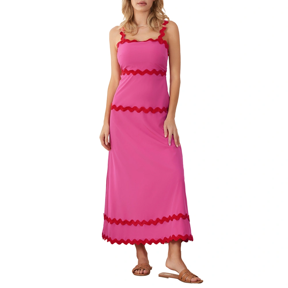 Women's Long Cami Dress Ric Rac Square Neck Sleeveless A-Line Dress 