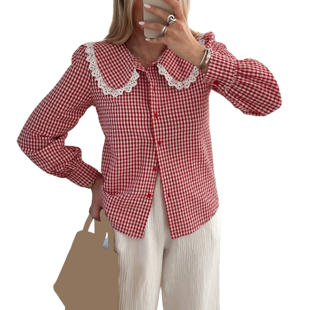 Women's Plaid Blouse Doll Collar Long Sleeve Button Down Tops