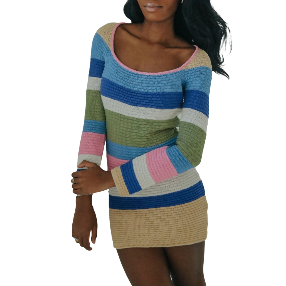 Women’s Knit Bodycon Dress Casual Long Sleeve Contrast Color Dress